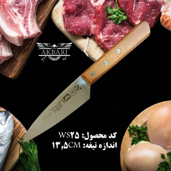 چاقو آشپزخانه اکبری مدل WS25 با دسته چوبی تیغه فولاد ضد زنگ