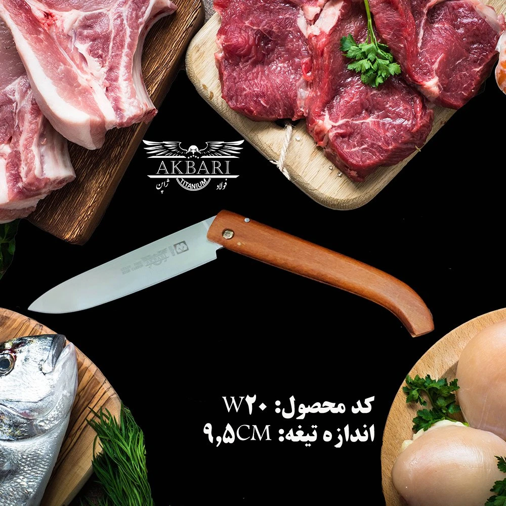 چاقو تاشو آشپزخانه اکبری مدل W20 با دسته چوبی تیغه فولاد ضد زنگ