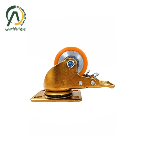 چرخ پلی اورتان وارداتی گاو صندوقی (یخچالی) پایه طلایی گردان ترمزدار قطر 50 میلی متر