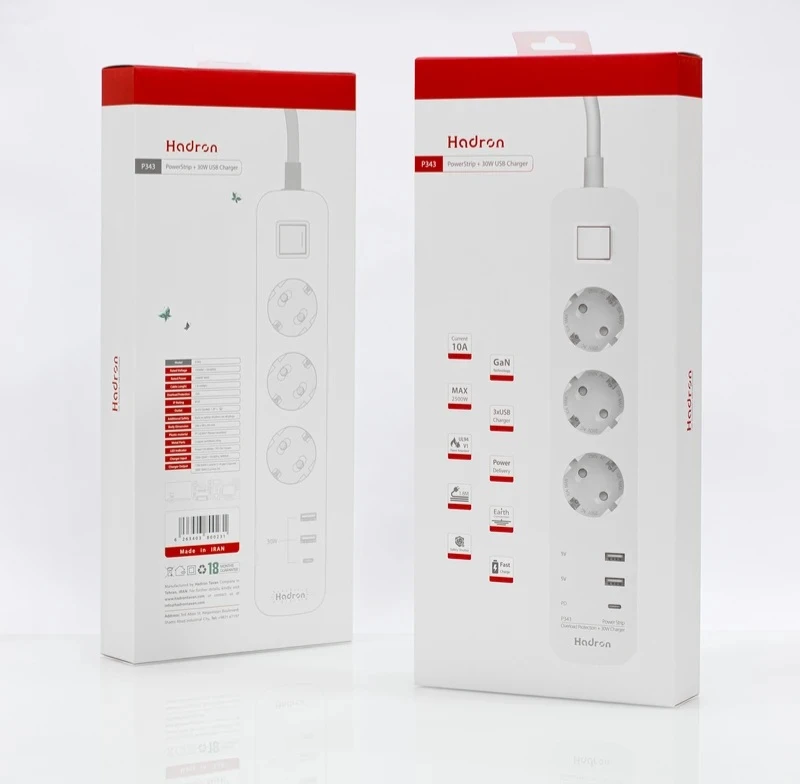چند راهی برق هادرون مدل powerstrip P343 مجهز به شارژر ۳۰ وات