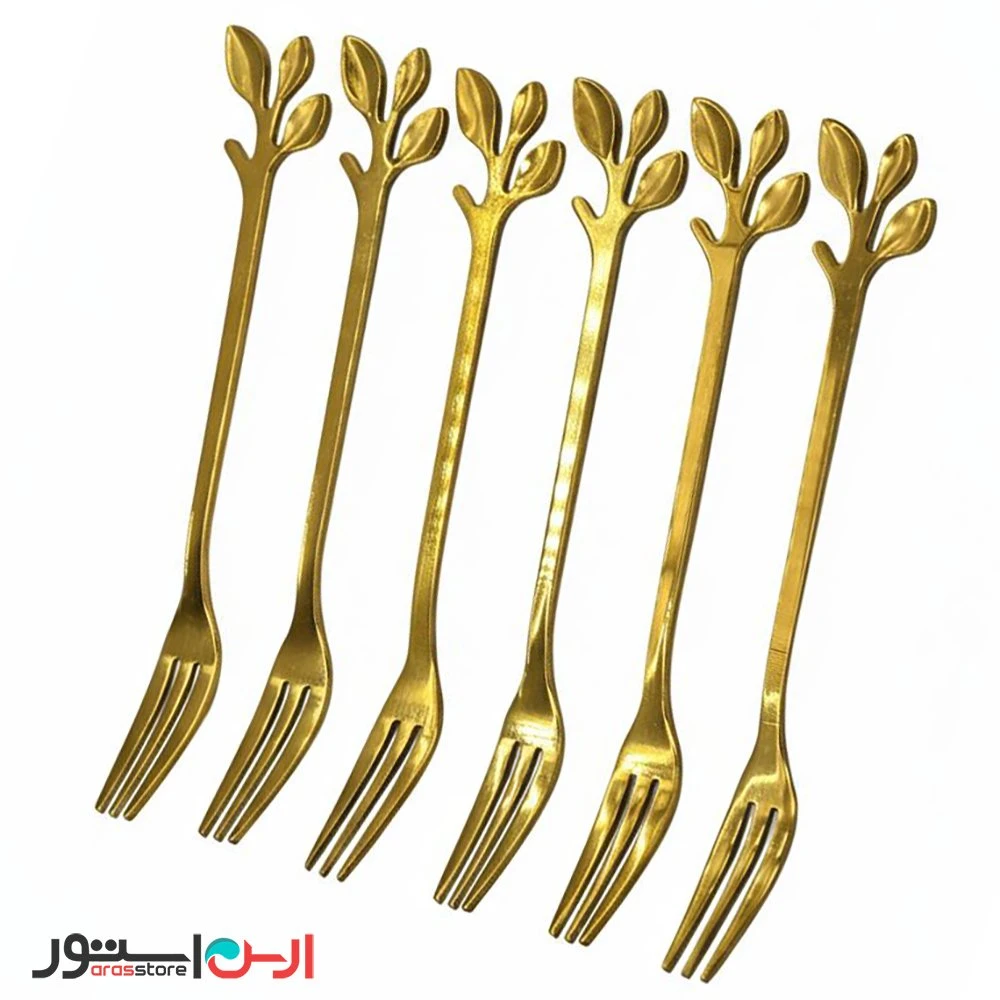 چنگال دسر استیل طلایی مدل برگ 6 عددی ضد زنگ و رنگ ثابت