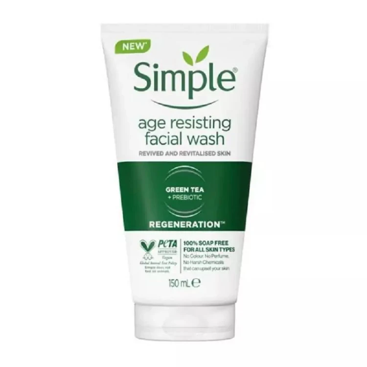 ژل شستشو ضد پیری سیمپل مدل Age Resisting حجم 150 میلی لیتر حاوی عصاره چای سبز و بابونه