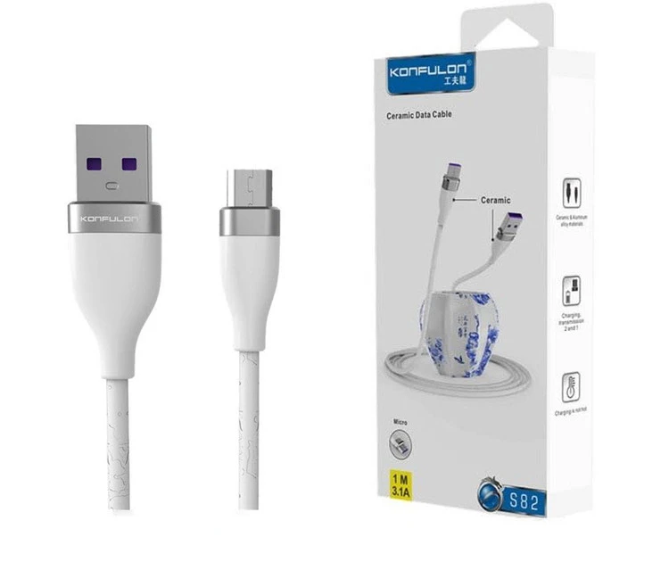 کابل شارژر KONFULON مدل S82 (Micro USB) – سرامیکی، مقاوم و با بسته‌بندی شیک