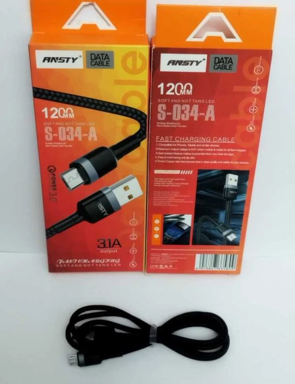 کابل شارژر میکرو ANSTY مدل S‑034‑A طول ۱۲۰ سانتی‌متر