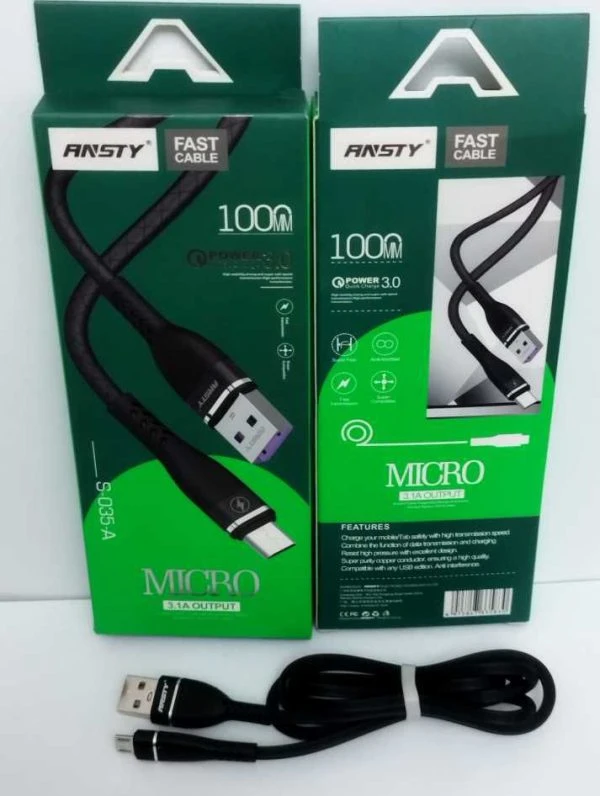 کابل شارژر میکرو ANSTY مدل S‑035‑A فست شارژ 3.1A طول ۱ متر