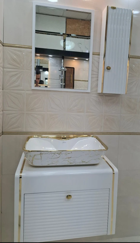 کابینت روشویی سفید طلایی طرح بامبو 60در40فول ست
