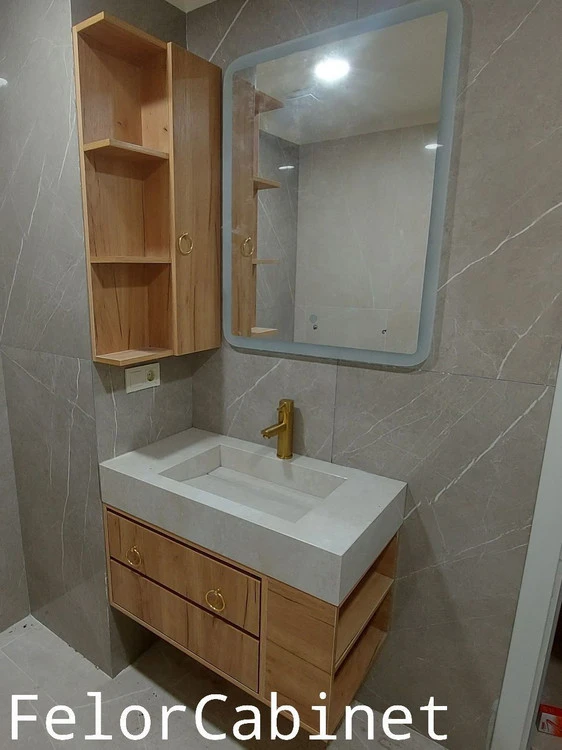 کابینت روشویی مدرن مدل ۱۰۸۳ با شلف دیواری و صفحه پرسلان