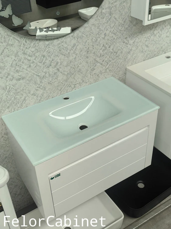 کابینت روشویی پی وی سی مدل 1063 با صفحه روشویی تمام شیشه و درب داشبوردی سفید