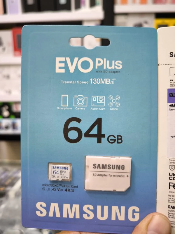 کارت حافظه ( مموری کارت ) 64 گیگ سامسونگ EVO PLUS – CLASS 10 – U3 – A2 – V30 – سرعت 130 مگ