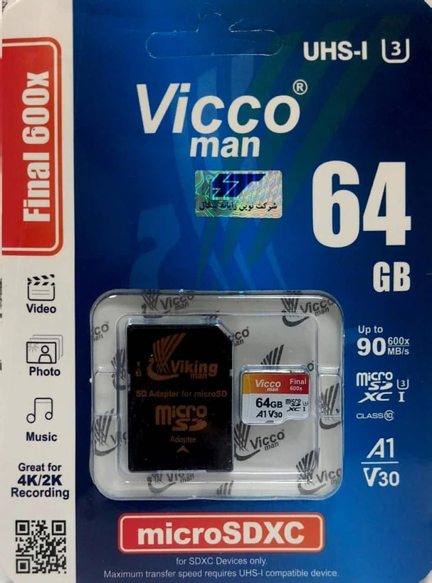 کارت حافظه میکرو ۶۴ گیگ ویکومن Vicco Man Final 600x Plus U3 90MB/s با آداپتور SD