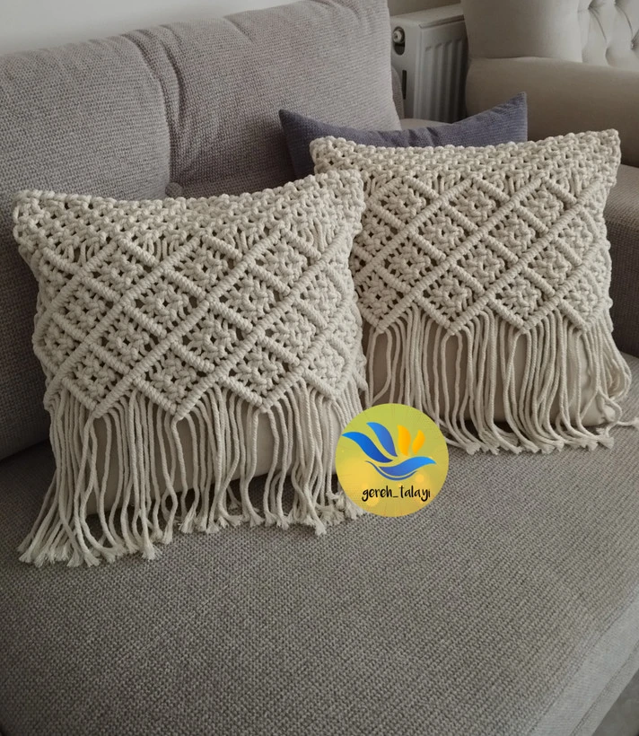 کاور کوسن مکرومه دستبافت طرح لوزی