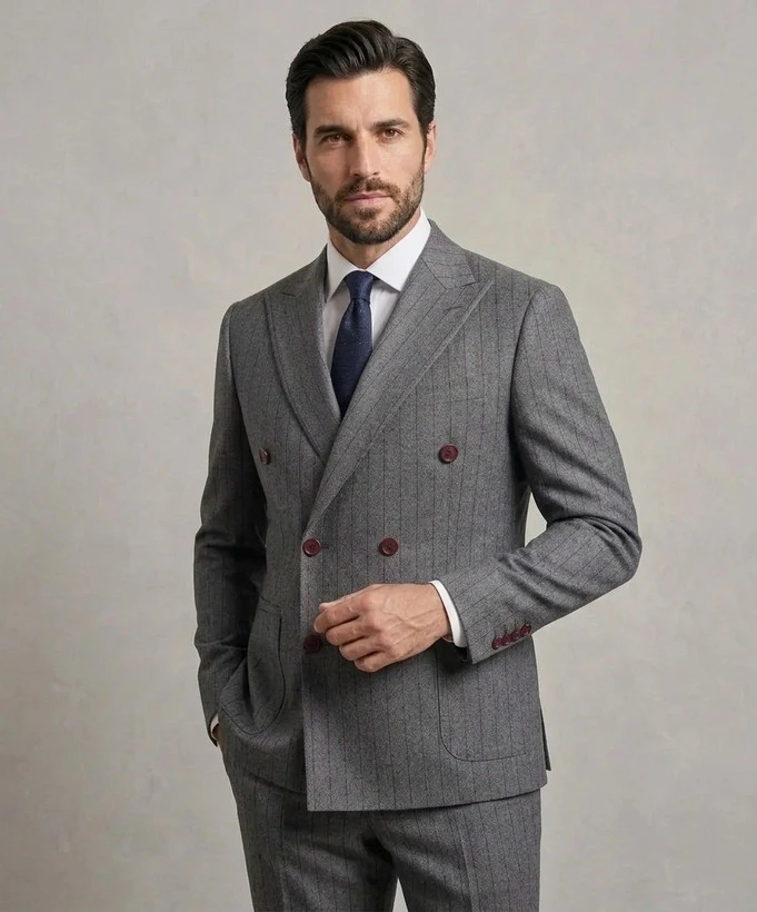 کت تک مردانه دبل برست مدل Slim Fit و نیمه آستیر پارچه دیپلمات ۶ دکمه