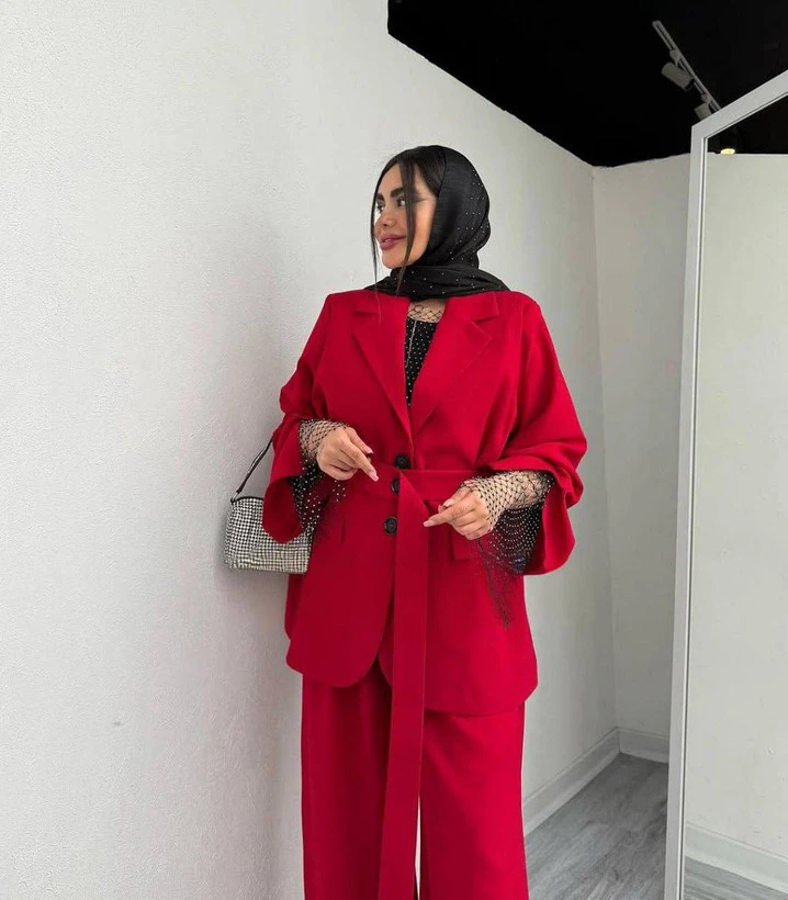 کت و شلوار زنانه آستین چاکدار جنس کرپ