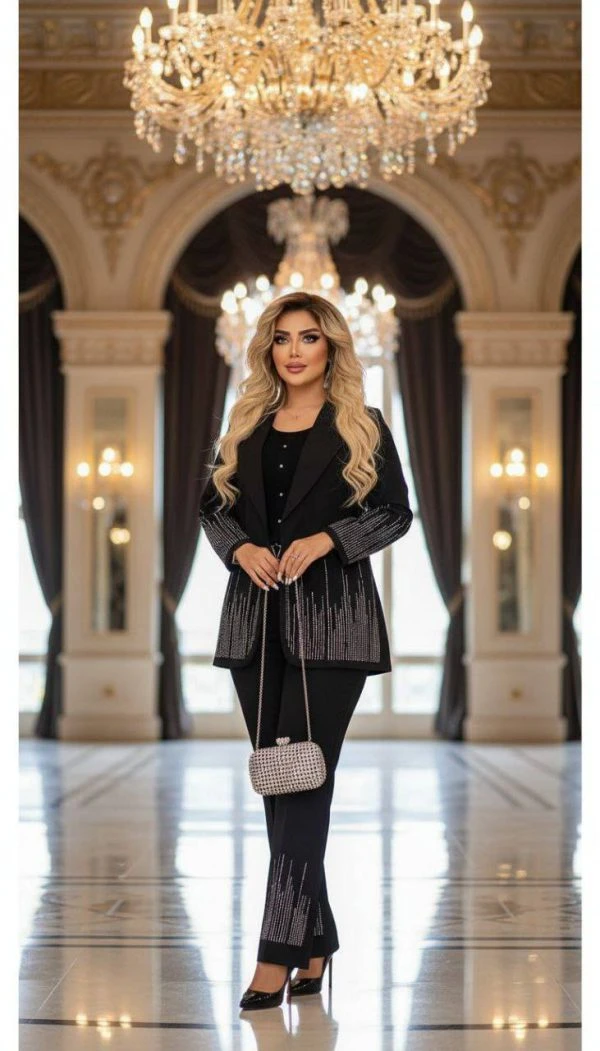 کت و شلوار مجلسی زنانه مدل آبشاری پارچه مازراتی گرم بالا