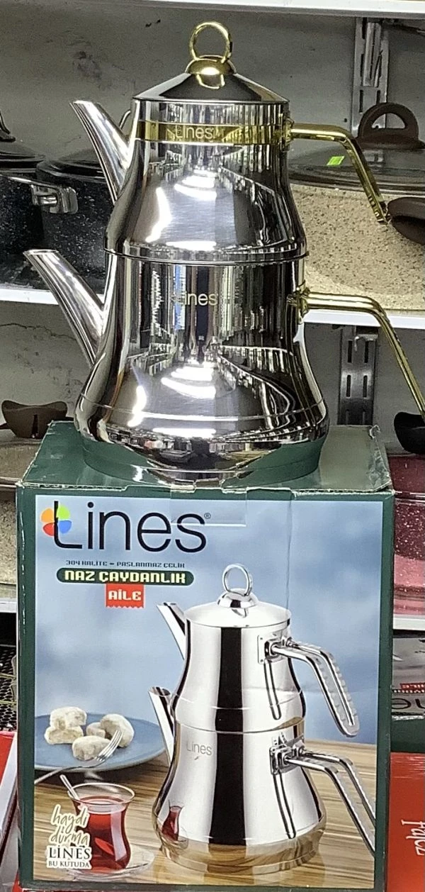 کتری و قوری استیل دسته طلایی مارک Lines L–3021 اصلی