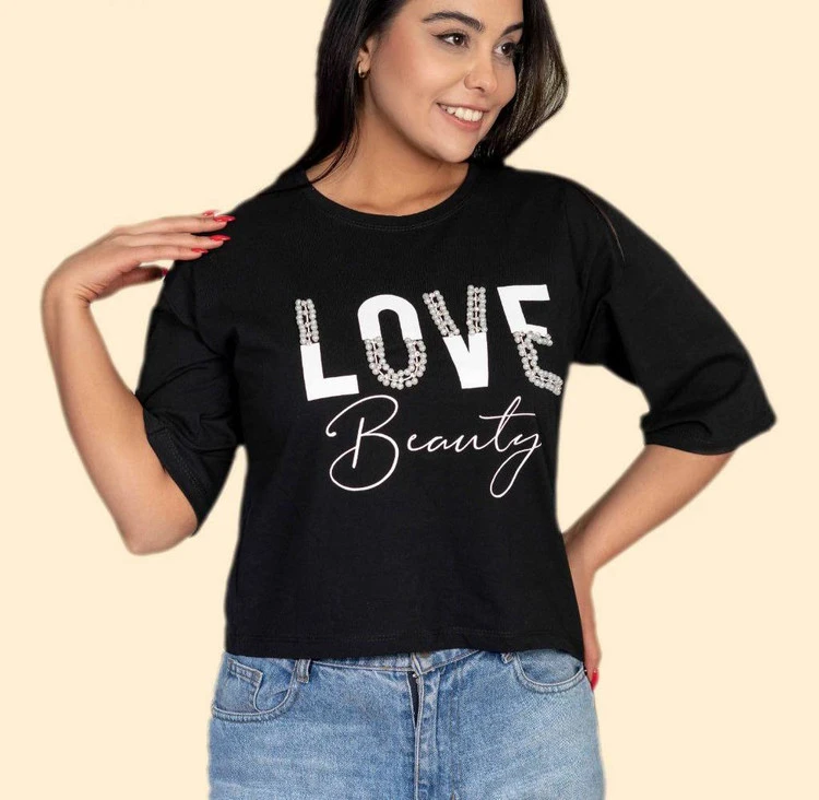 کراپ آستین سه رب مرواریدی طرح LOVE جنس نخپنبه