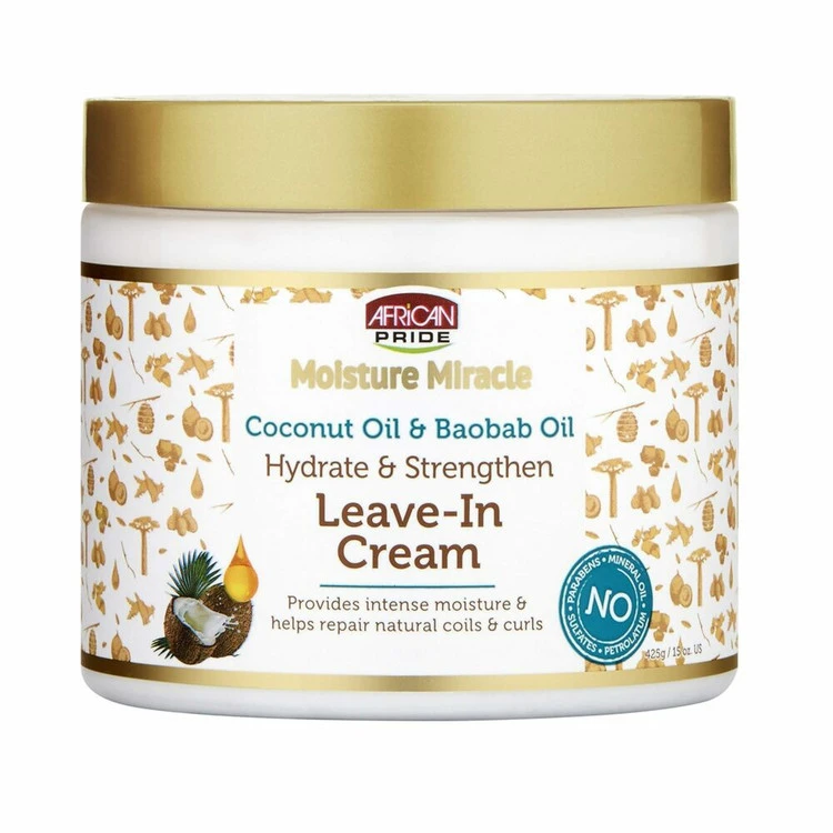 کرم آبرسان و تقویت‌کننده موهای فر آفریکن پراید مدل African Pride Moisture Miracle Coconut Oil & Baobab Oil Leave-In Cream 425g ‌
