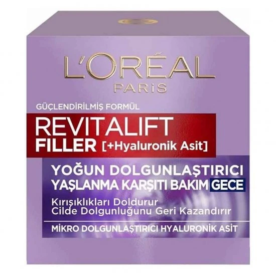 کرم شب ضد چروک لورال پاریس LOREAL PARIS مدل REVITALIFT FILLER حاوی هیالورونیک اسید حجم 50 میل