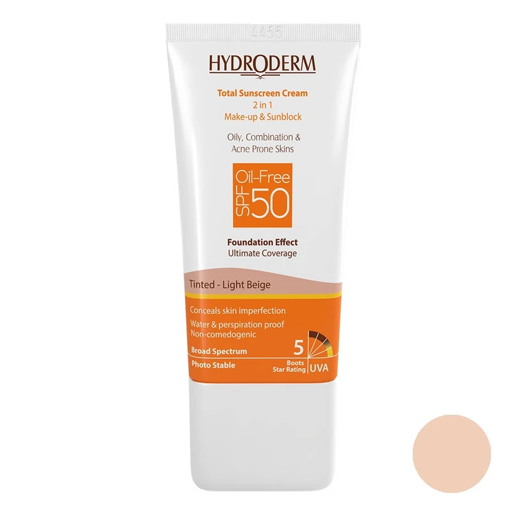 کرم ضد آفتاب SPF50 فاقد چربی با پوشش کرم پودری – بژ روشن هیدرودرم