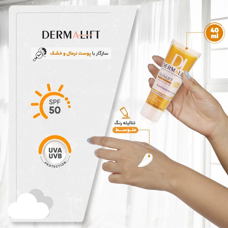 کرم ضد آفتاب بی رنگ SPF50 پوست خشک و معمولی 40 میلی لیتر درمالیفت