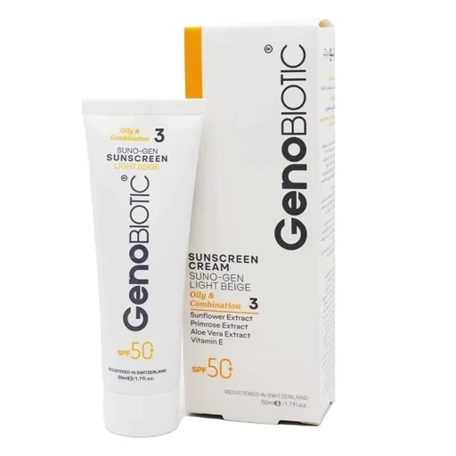 کرم ضدآفتاب بژ روشن spf50 ژنوبایوتیک مناسب پوست چرب و‌مختلط