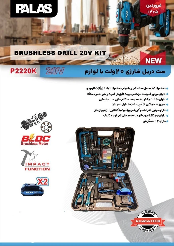 کیت دریل شارژی 20 ولت با لوازم پالاس مدل P2220K