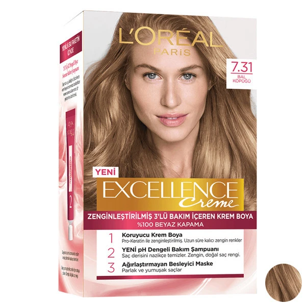 کیت رنگ مو ل---و---ر---آ--ل مدل Excellence شماره 7.31 حجم 48 میلی لیتر رنگ عسلی