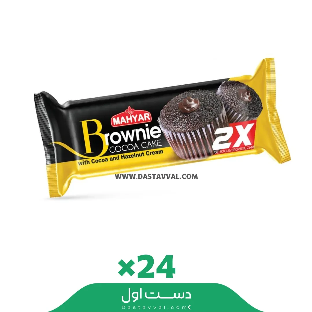 کیک دوقلو براونی با مغزی کرم کاکائو مهیار – بسته ۲۴ عددی