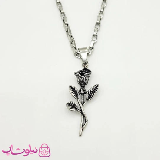 گردنبند اسپرت استیل مدل گل رز بلک سیلور کد 24