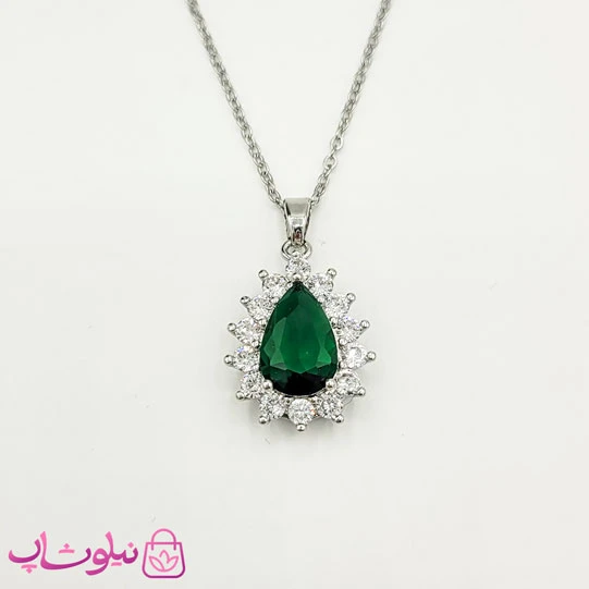 گردنبند دخترانه استیل نگیندار با سنگ سبز کد 1088