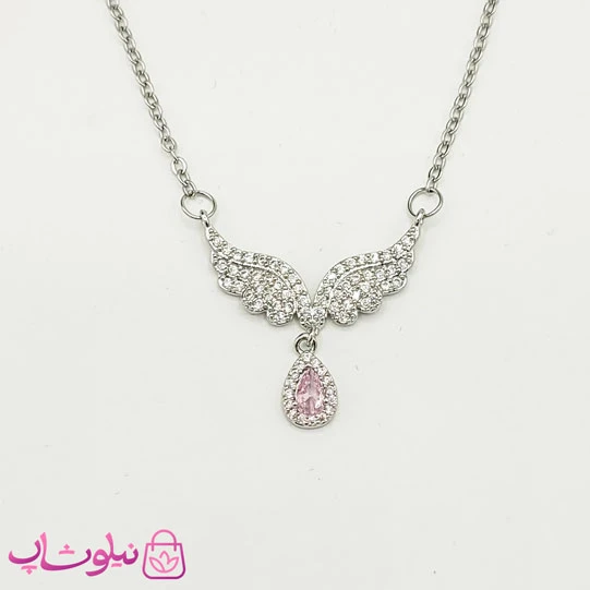 گردنبند دخترانه بال نقره ای با آویز صورتی
