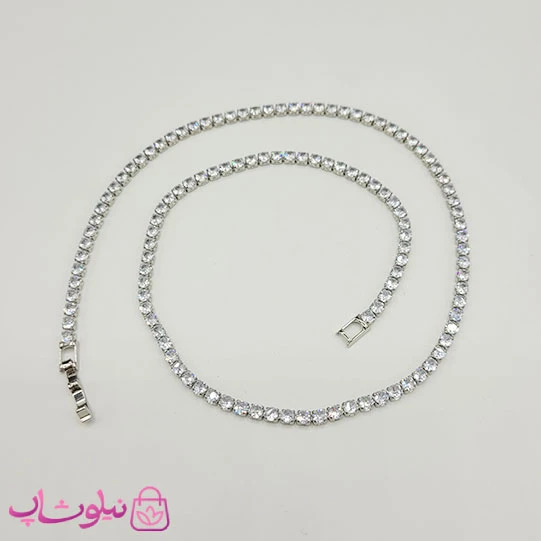 گردنبند دخترانه تنیسی نقره ای رنگ نگین مربع سفید 45 سانت کد 3298