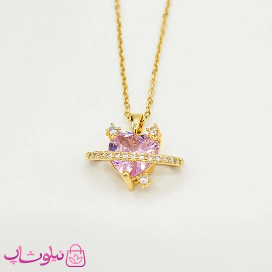 گردنبند دخترانه طلایی مدل قلب صورتی و زحل کد 1088