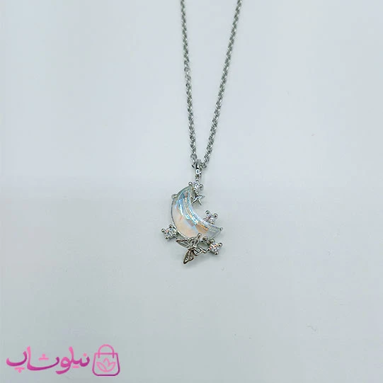 گردنبند دخترانه ظریف مدل ماه و پروانه سفید کد 85