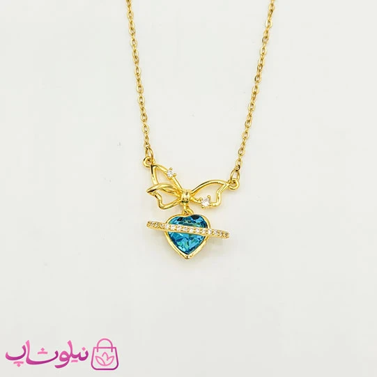 گردنبند دخترانه قلب زحل پروانه طلایی با سنگ آبی کد 1088
