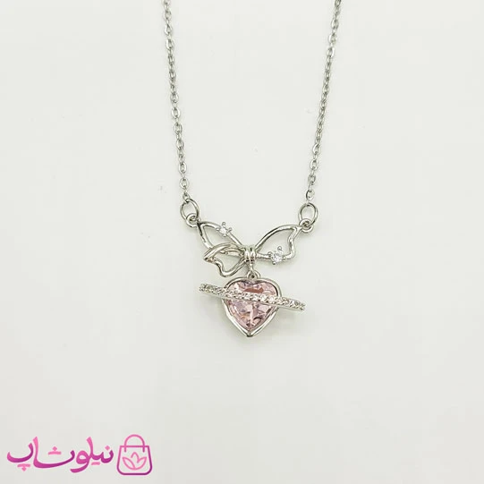 گردنبند دخترانه قلب زحل پروانه نقره ای با سنگ صورتی کد 1088