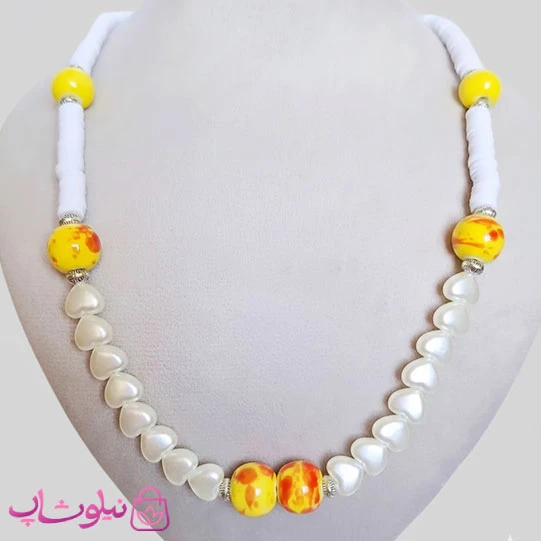 گردنبند دستساز ترکیب مروارید قلبی و فیمو و گوی چینی کد 300
