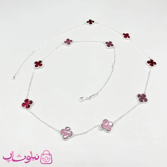 گردنبند رولباسی زنانه ونکلیف دورو صورتی زرشکی آبکاری نقره کیفیت مستر کد 470