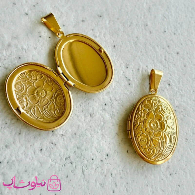 گردنبند زنانه استیل مدل لاکت بیضی گلدار طلایی بازشو کد 1591