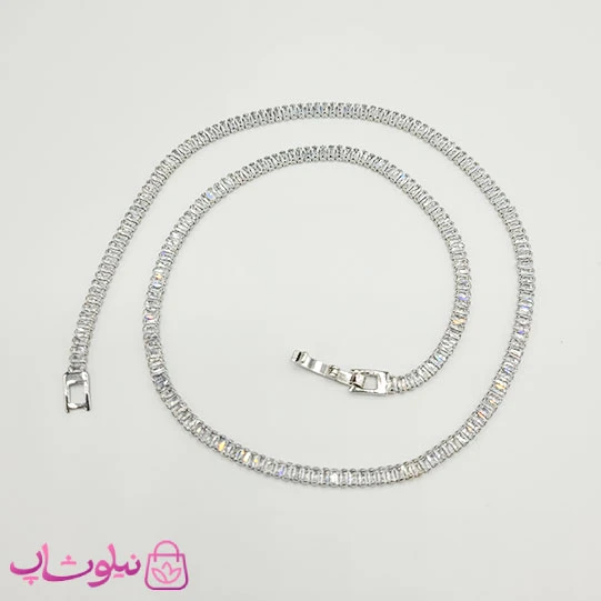 گردنبند زنانه تنیسی نقره ای با نگین باگتی سفید کد 420