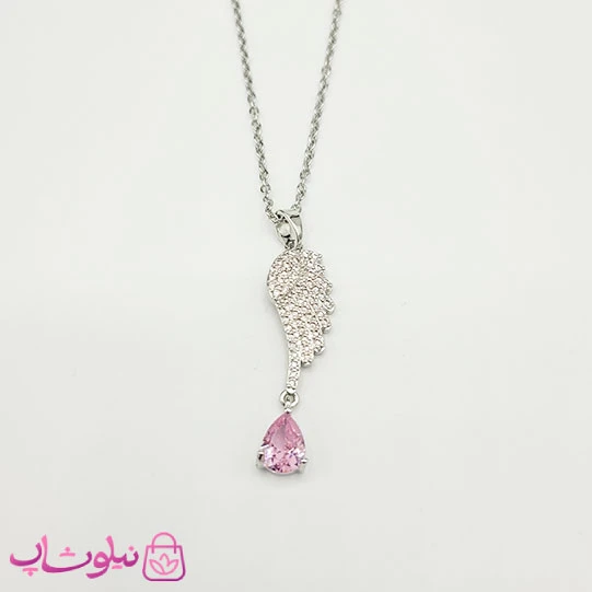 گردنبند زنانه جواهری مدل بال با آویز اشک صورتی کد 98
