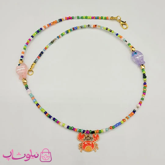 گردنبند زنانه دستساز پینترستی برند N&SH با منجوق های رنگی مدل خرچنگ و ماهی کد 120