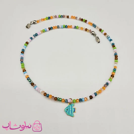 گردنبند زنانه دستساز پینترستی برند N&SH با منجوق های رنگی مدل ماهی آبی کد 120
