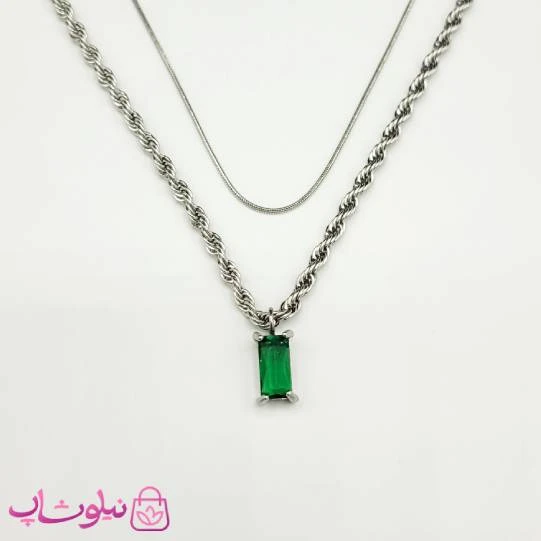 گردنبند زنانه طنابی دولاین نقره ای با نگین سبز کد 1891