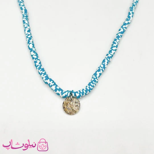 گردنبند زنانه فیمو با طرح آویز سکه ای و رنگ آبی سفید کد 30
