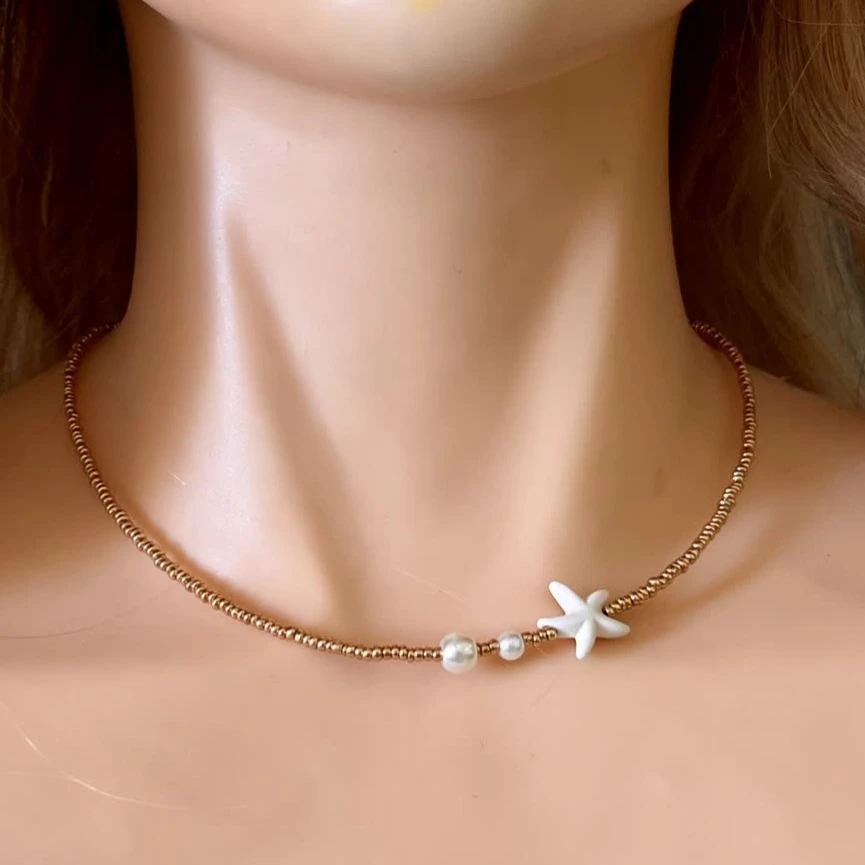 گردنبند ستاره دریایی و مروارید / قابل تنظیم با زنجیر سایزر/رنگ ثابت و قابل شستشو /سبک با اتصالات رنگ ثابت