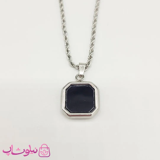 گردنبند سنگ اونیکس مشکی با زنجیر طنابی نقره ای کد 390