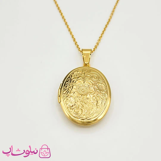 گردنبند لاکت بیضی طرح گل طلایی کد 180