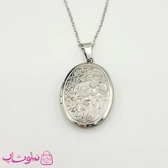 گردنبند لاکت بیضی طرح گل نقره ای کد 210