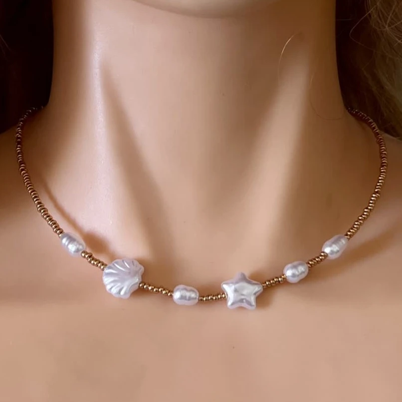 گردنبند مروارید ستاره دریایی و صدف با منجق طلایی رنگ ثابت